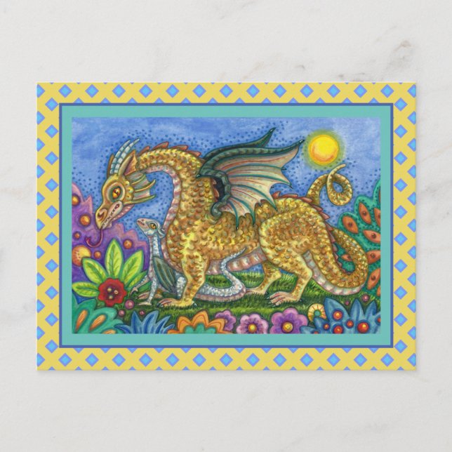 MEDIEVAL DRAGON & YOUNG, COLORFUL FOLK ART GARDEN POSTCARD (Front)