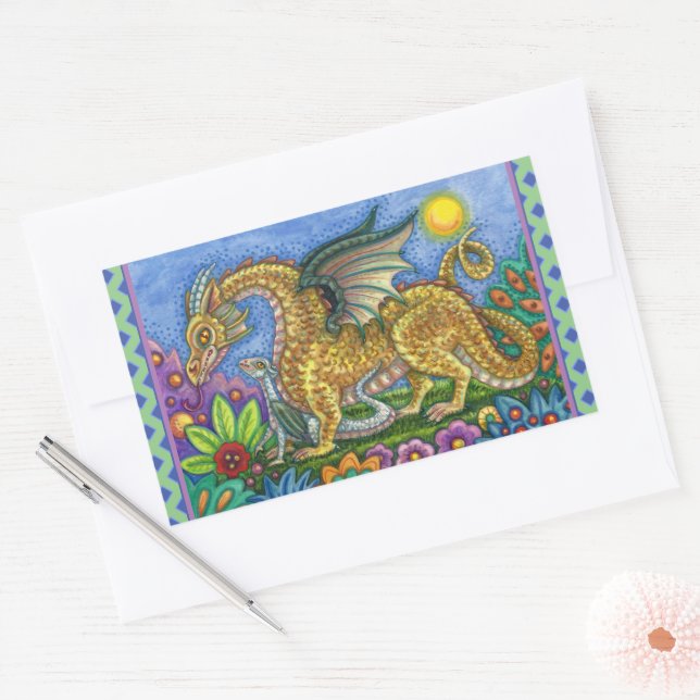 MEDIEVAL DRAGON & YOUNG, COLORFUL FOLK ART GARDEN  RECTANGULAR STICKER (Envelope)