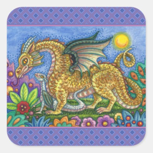 MEDIEVAL DRAGON  YOUNG COLORFUL FOLK ART GARDEN SQUARE STICKER