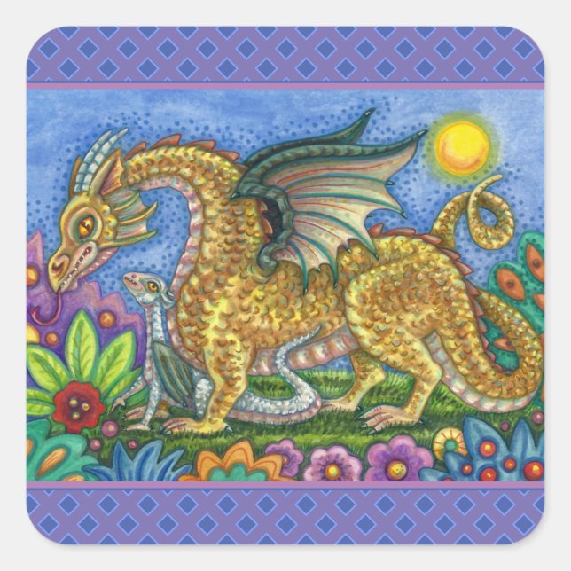 MEDIEVAL DRAGON & YOUNG, COLORFUL FOLK ART GARDEN SQUARE STICKER (Front)
