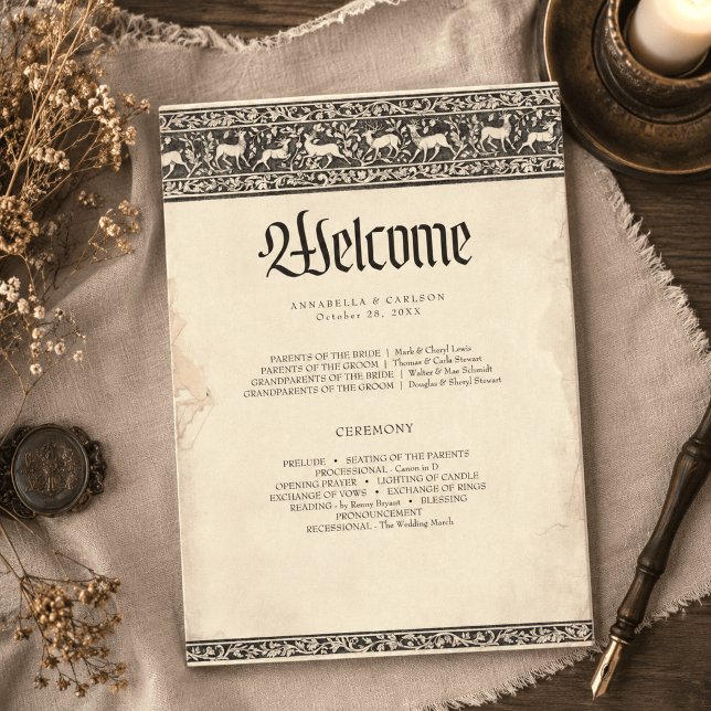 Medieval Fantasy Black Vintage Etching Wedding Program (Creator Uploaded)