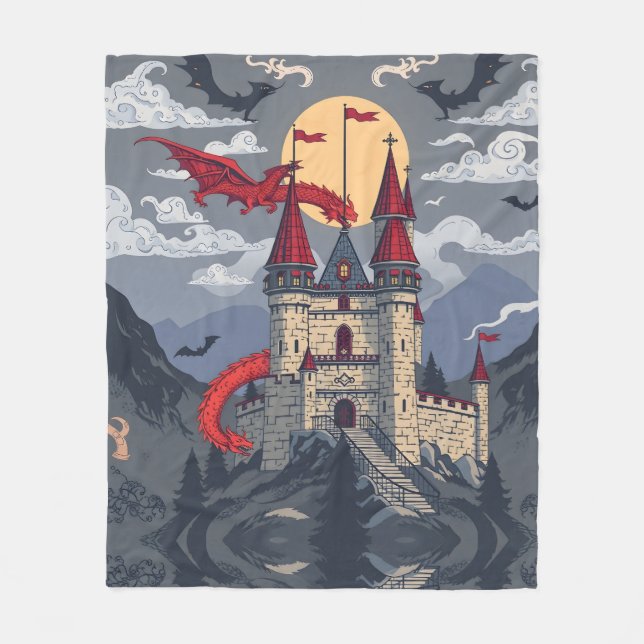 Medieval Fantasy: Dragon and Castle Fleece Blanket (Front)