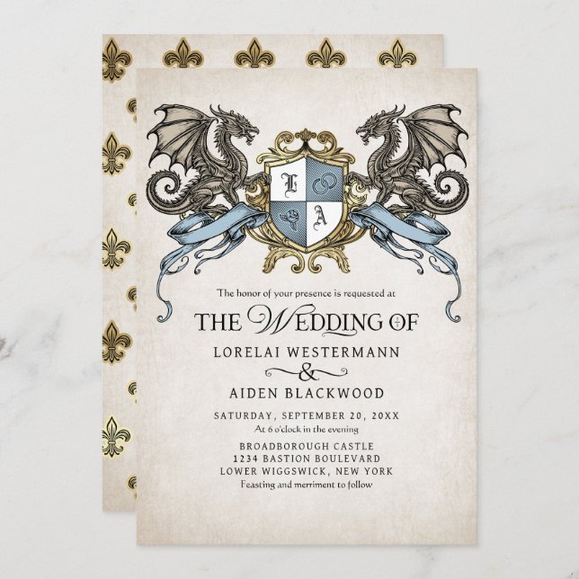 Medieval Fantasy Dragon Monogram Wedding Invitation (Front/Back)