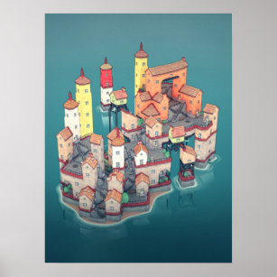 Medieval Fantasy Fortress Island Town Illustration Poster