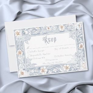 Medieval Fantasy Frame Blue Gold Etching Wedding RSVP Card