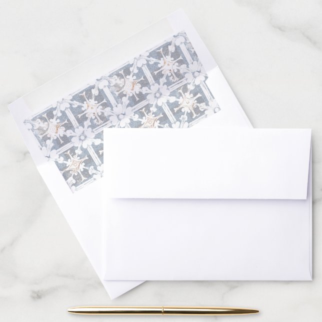 Medieval Fantasy Regal Blue Gold Etching Wedding Envelope Liner (Desk)
