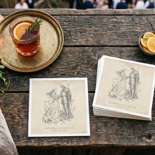 Medieval Fantasy Vintage Black Etching Wedding Napkins