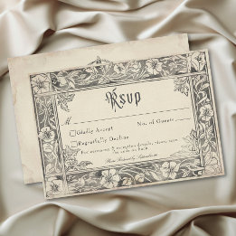Medieval Fantasy Vintage Black Etching Wedding RSVP Card