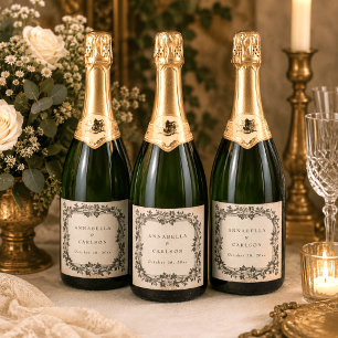 Medieval Fantasy Vintage Black Etching Wedding Sparkling Wine Label