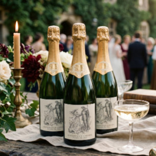 Medieval Fantasy Vintage Black Etching Wedding Sparkling Wine Label