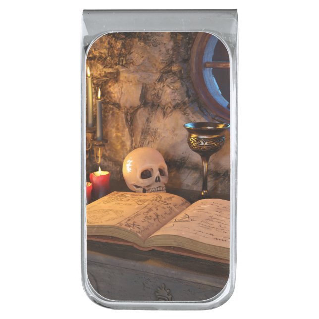 Medieval Fantasy Wizard's Study Silver Finish Money Clip (Front Vertical)