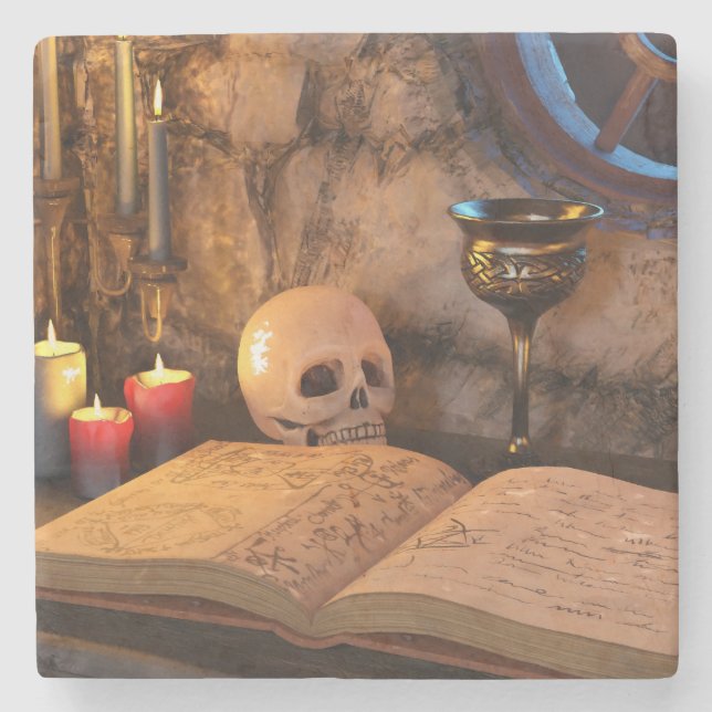 Medieval Fantasy Wizard's Study Stone Coaster (Front)