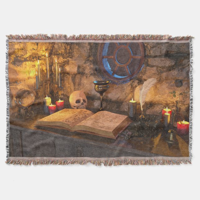 Medieval Fantasy Wizard's Study Throw Blanket (Front)