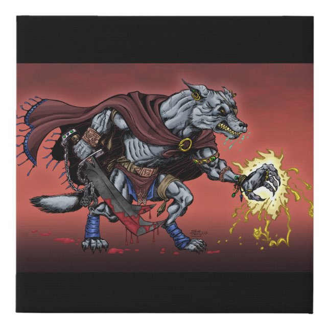 Medieval Fantasy Wolf Warrior Faux Canvas Print (Front)