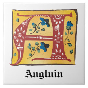 Medieval Floral Illuminated Letter A Monogram Ceramic Tile