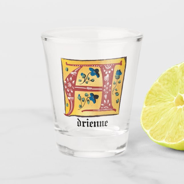 Medieval Floral Illuminated Letter A Monogram  Shot Glass (Front)
