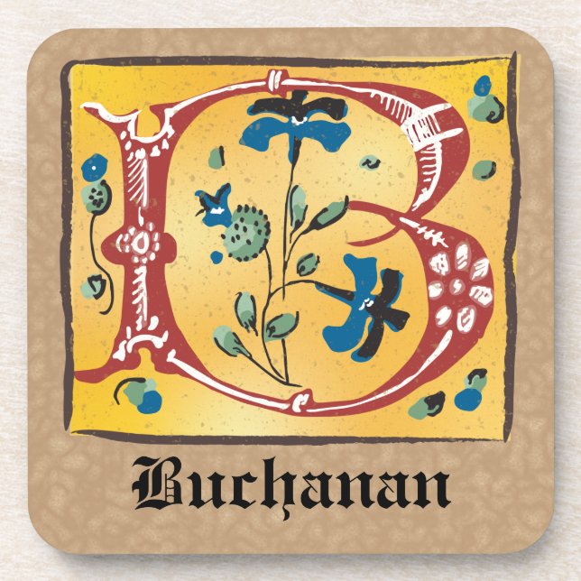 Medieval Floral Illuminated Letter B Monogram Beverage Coaster (Front)