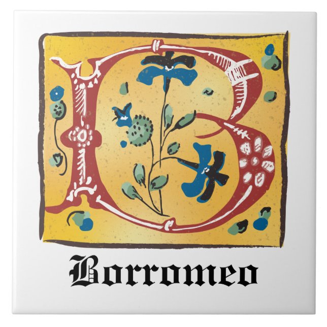 Medieval Floral Illuminated Letter B Monogram Ceramic Tile (Front)