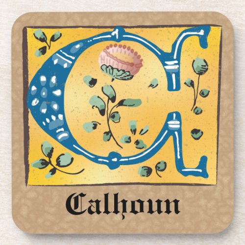 Medieval Floral Illuminated Letter C Monogram Beverage Coaster