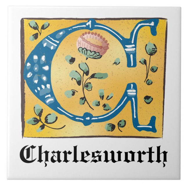 Medieval Floral Illuminated Letter C Monogram Ceramic Tile (Front)