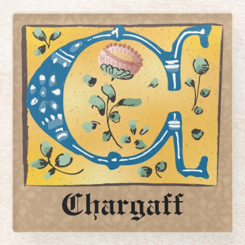 Medieval Floral Illuminated Letter C Monogram Glass Coaster