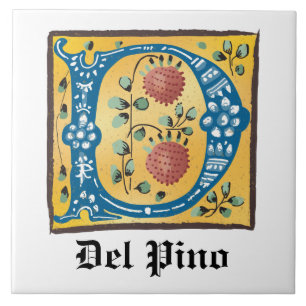 Medieval Floral Illuminated Letter D Monogram Ceramic Tile
