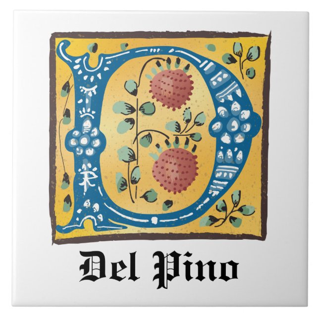Medieval Floral Illuminated Letter D Monogram Ceramic Tile (Front)