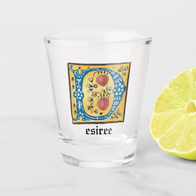 Medieval Floral Illuminated Letter D Monogram Shot Glass (Front)