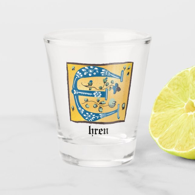 Medieval Floral Illuminated Letter E Monogram Shot Glass (Front)