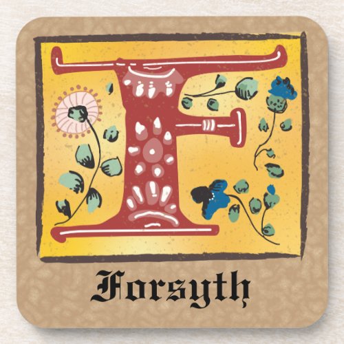 Medieval Floral Illuminated Letter F Monogram Beverage Coaster