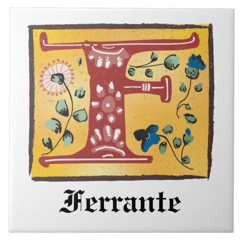 Medieval Floral Illuminated Letter F Monogram Ceramic Tile