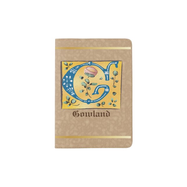 Medieval Floral Illuminated Letter G Monogram Passport Holder (Front)