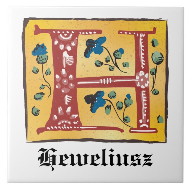Medieval Floral Illuminated Letter H Monogram Ceramic Tile (Front)