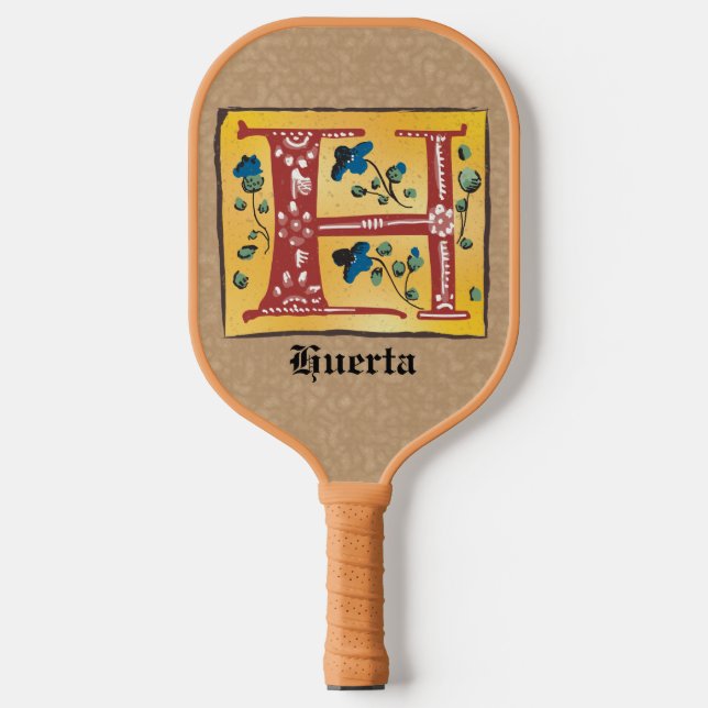 Medieval Floral Illuminated Letter H Monogram Pickleball Paddle (Front)