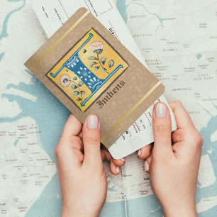 Medieval Floral Illuminated Letter I Monogram Passport Holder