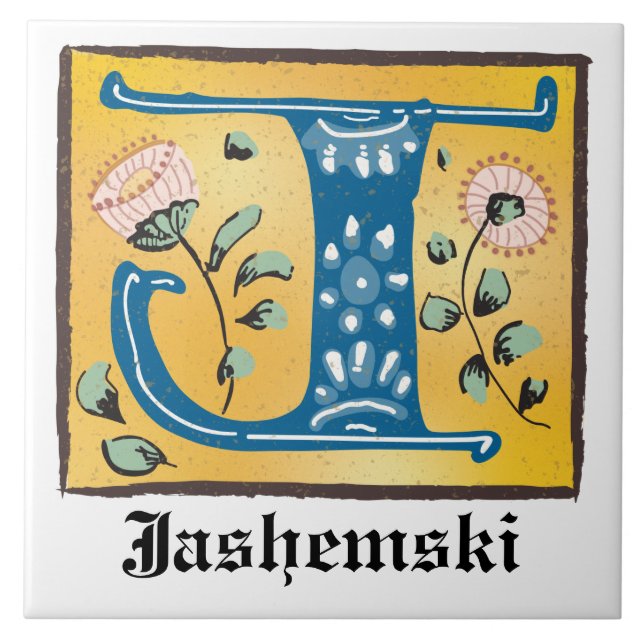 Medieval Floral Illuminated Letter J Monogram Ceramic Tile (Front)