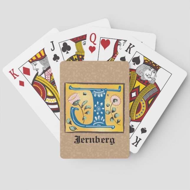 Medieval Floral Illuminated Letter J Monogram Poker Cards (Back)