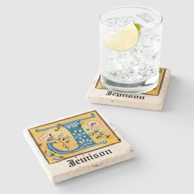 Medieval Floral Illuminated Letter J Monogram Stone Coaster (Side)