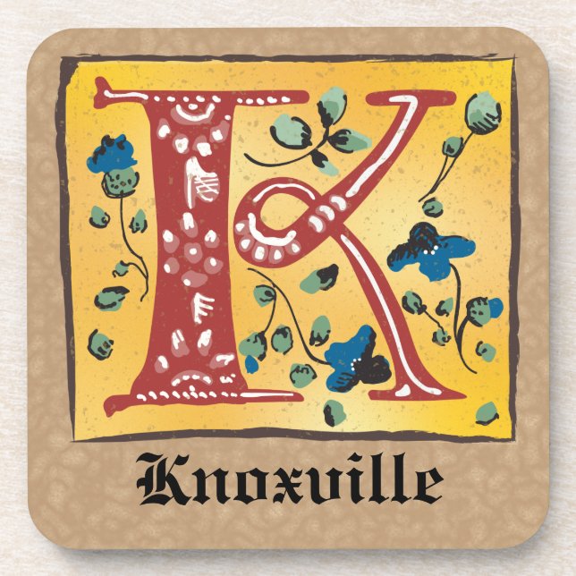Medieval Floral Illuminated Letter K Monogram Beverage Coaster (Front)