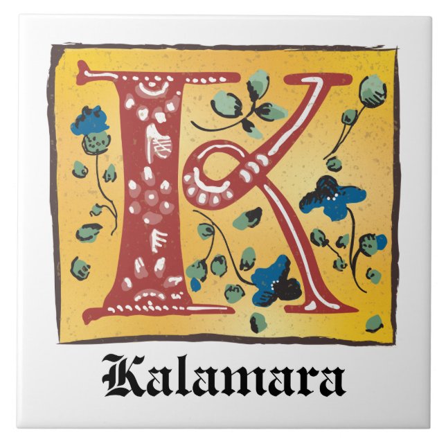 Medieval Floral Illuminated Letter K Monogram Ceramic Tile (Front)