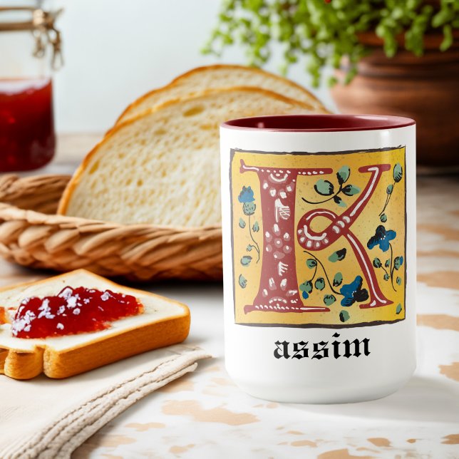 Medieval Floral Illuminated Letter K Monogram Mug (Creator Uploaded)