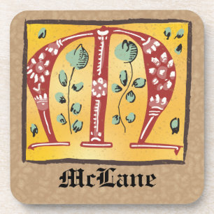 Medieval Floral Illuminated Letter M Monogram Beverage Coaster