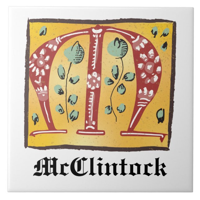 Medieval Floral Illuminated Letter M Monogram Ceramic Tile (Front)