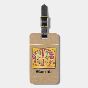 Medieval Floral Illuminated Letter M Monogram Luggage Tag