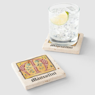 Medieval Floral Illuminated Letter M Monogram Stone Coaster