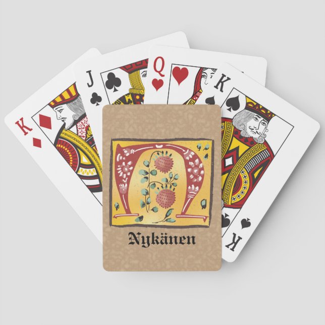 Medieval Floral Illuminated Letter N Monogram Poker Cards (Back)
