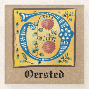 Medieval Floral Illuminated Letter O Monogram Glass Coaster