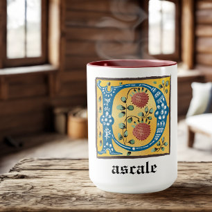 Medieval Floral Illuminated Letter P Monogram Mug