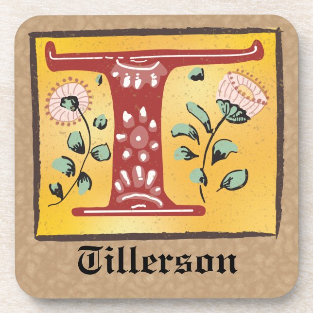 Medieval Floral Illuminated Letter T Monogram Beverage Coaster (Front)