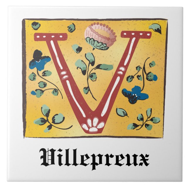 Medieval Floral Illuminated Letter V Monogram Ceramic Tile (Front)
